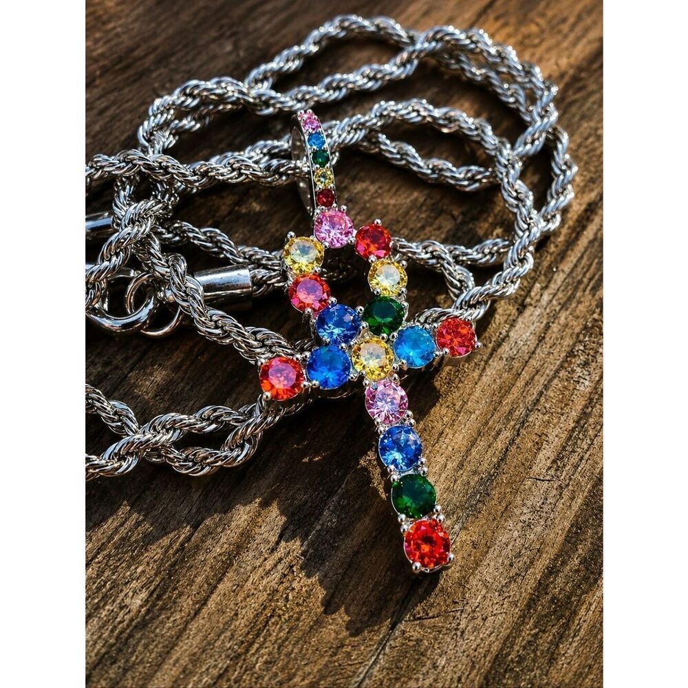 Multicolored Diamond Ankh Necklace